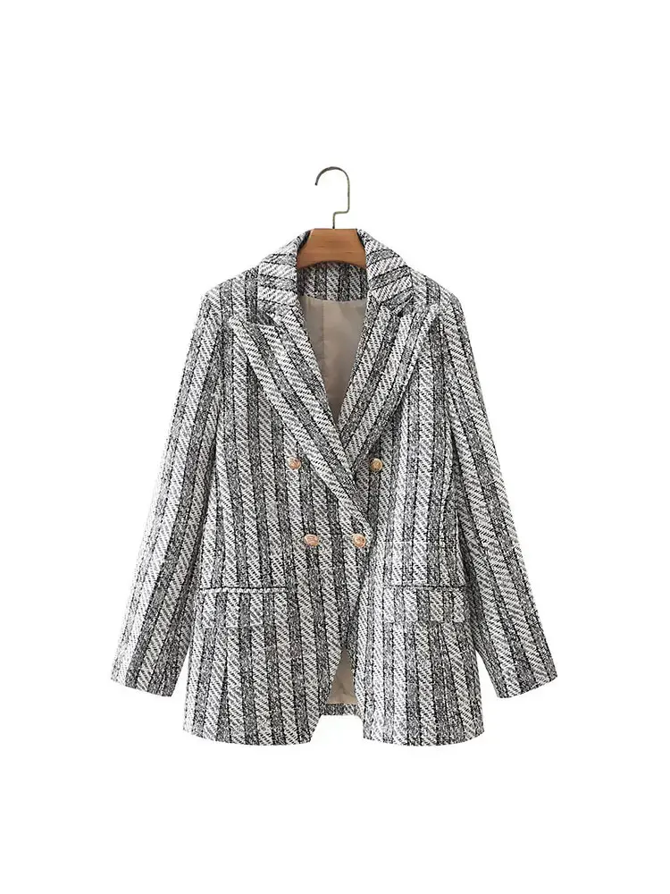 

2024 Spring Women's Causal Blazer Metal Buttons Double Breasted Vintage Pockets Dark Gray Plaid Long Sleeves Female Trendy Coat