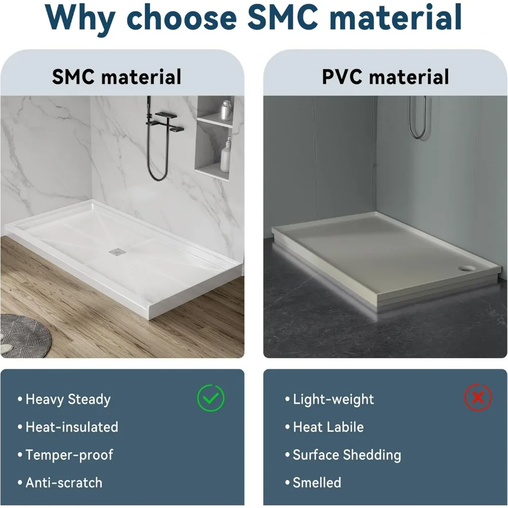 Shower Base for Bathroom, 60'' L X 32'' W X 4'' H, Rectangle SMC Shower Pan in White, Single Threshold Base