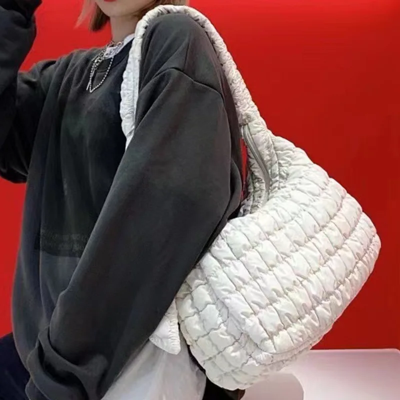

Casual Pleated Quilted Women Shoulder Bags Designer Knotted Padded Lady Handbags Nylon Ruched Crossbody Bag Large Hobos Tote Bag
