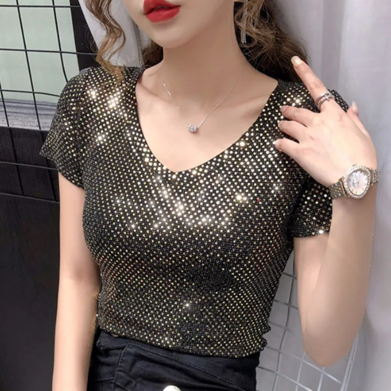 

#9418 золотистая зеленая Красная футболка с блестками Женская Блестящая сексуальная клубная облегающая футболка с V-образным вырезом облегаю...