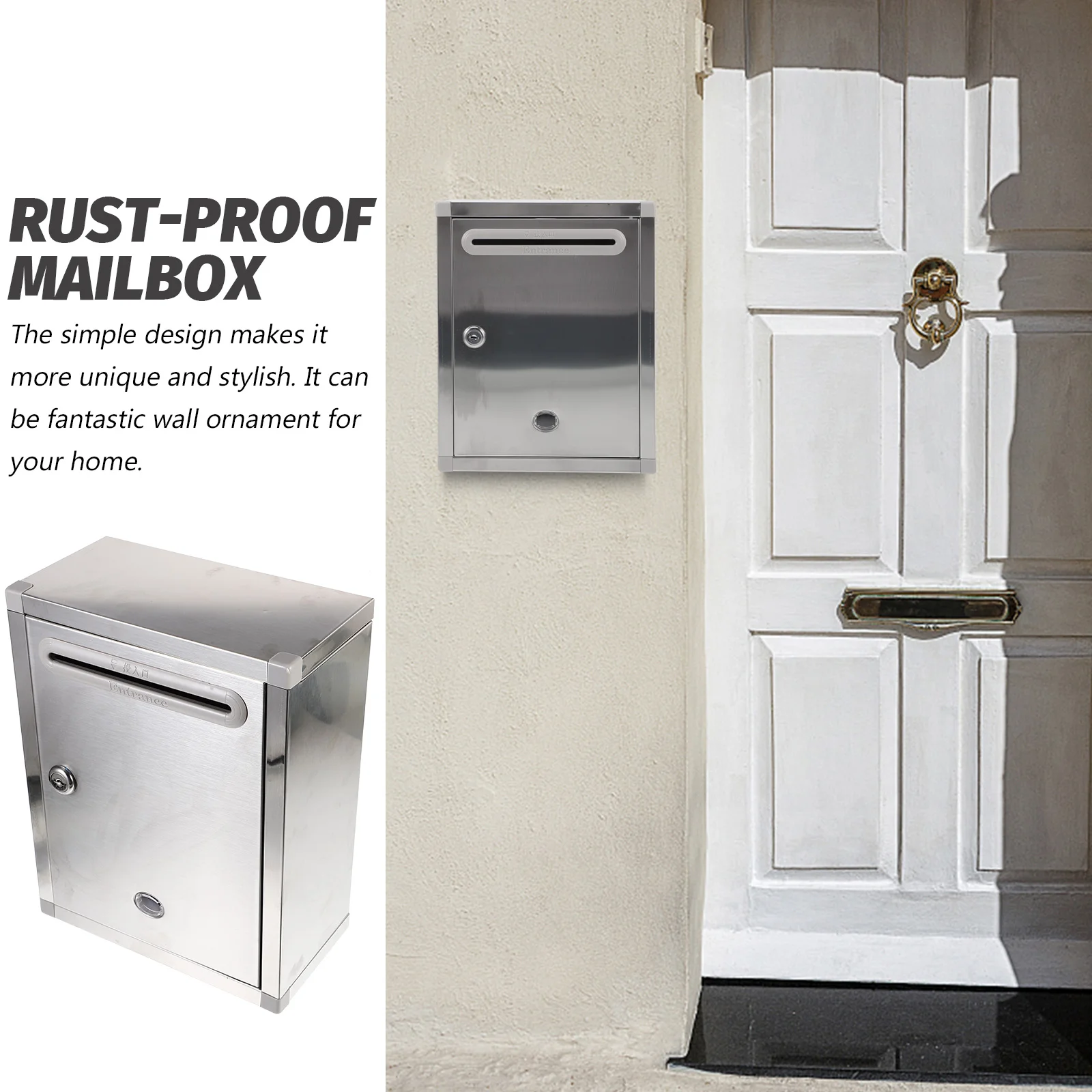 Letter Mailbox Wall Mounted Rust-proof Outdoor Old Fashioned Silver Stainless Steel Office