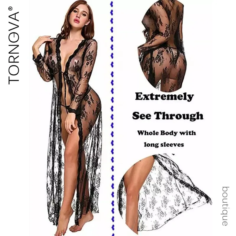Tornova Sexy Lace Mesh Transparent Robe Nightgown Women See-Through Lace Printing Deep V-Neck Home Ultrathin Nightgown women sleepwear sleepwear pajamas
