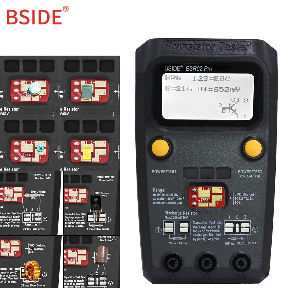 BSIDE Professional Digital Transistor Tester Diode Triode Capacitance Resistor Meter MOS/PNP/NPN SMD test Multimeter ESR02 Pro 4
