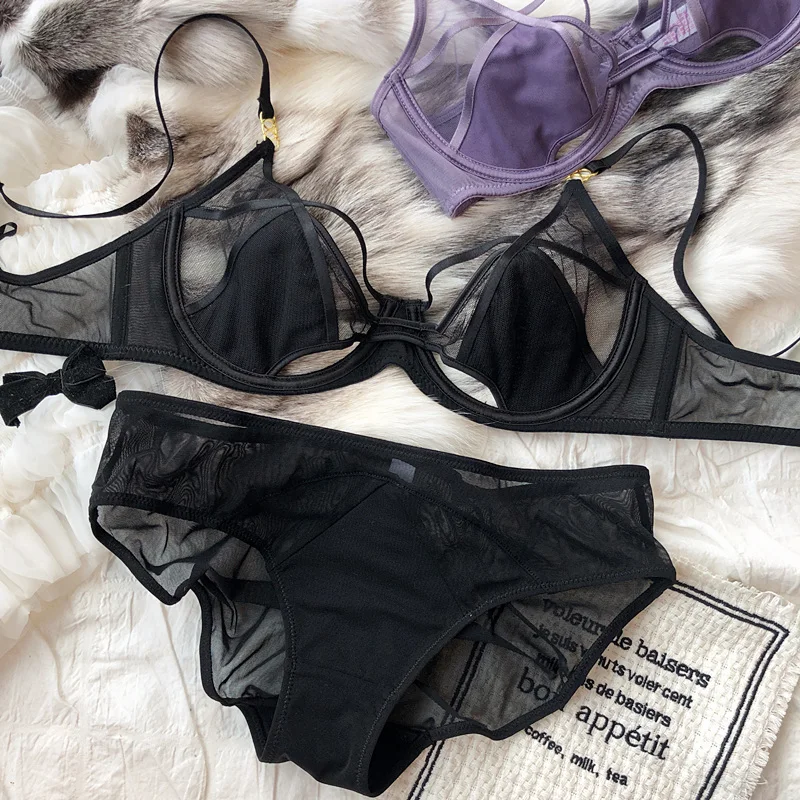 Sexy Hollow Lingerie Set French Ultra Thin Women Bra Summer Breathable Purple Plus Size 95CD Cup Underwear Push Up Brassiere