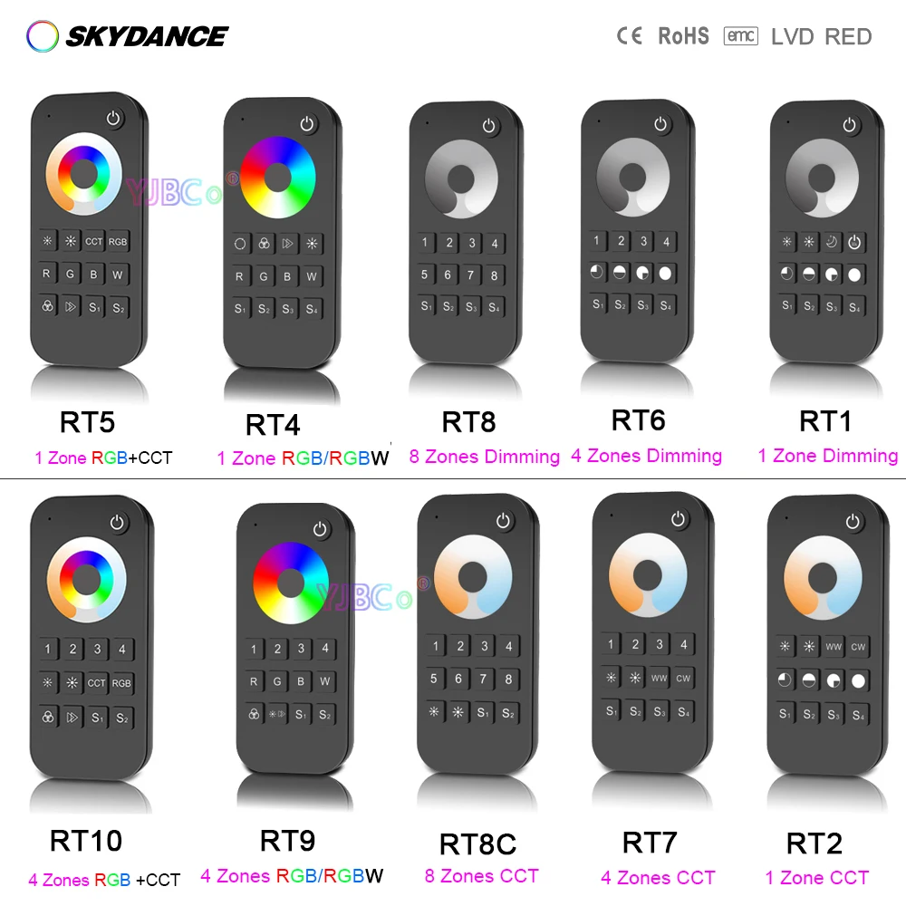 

Одноцветный регулятор яркости Skydance 1/4/8 зон/CCT/RGB/RGBW/RGBCCT 2,4G беспроводной Радиочастотный пульт дистанционного управления сенсорным колесом