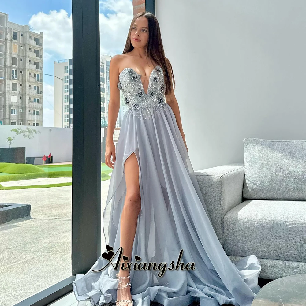 

Aixiangsha Modern A-Line Slit Prom Dresses V Neck Beadings Appliques Rhinestones Chapel Train Robes De Soiree Drop Shipping