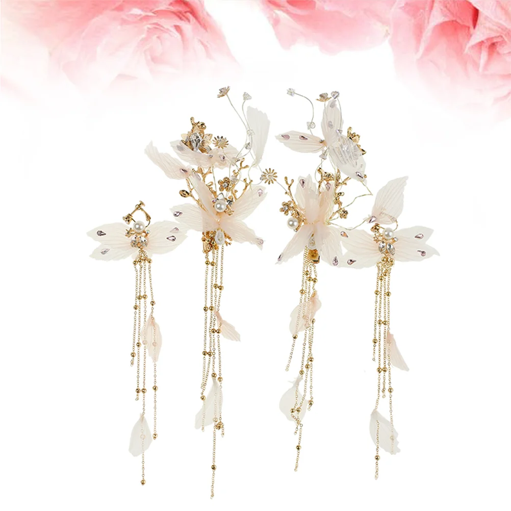 

Pretty Hair Set Tassel Clip Earrings Fairy Hair Clip Cloth Hairpins Clamps Delicate Barrettes Styling Wedding Dress