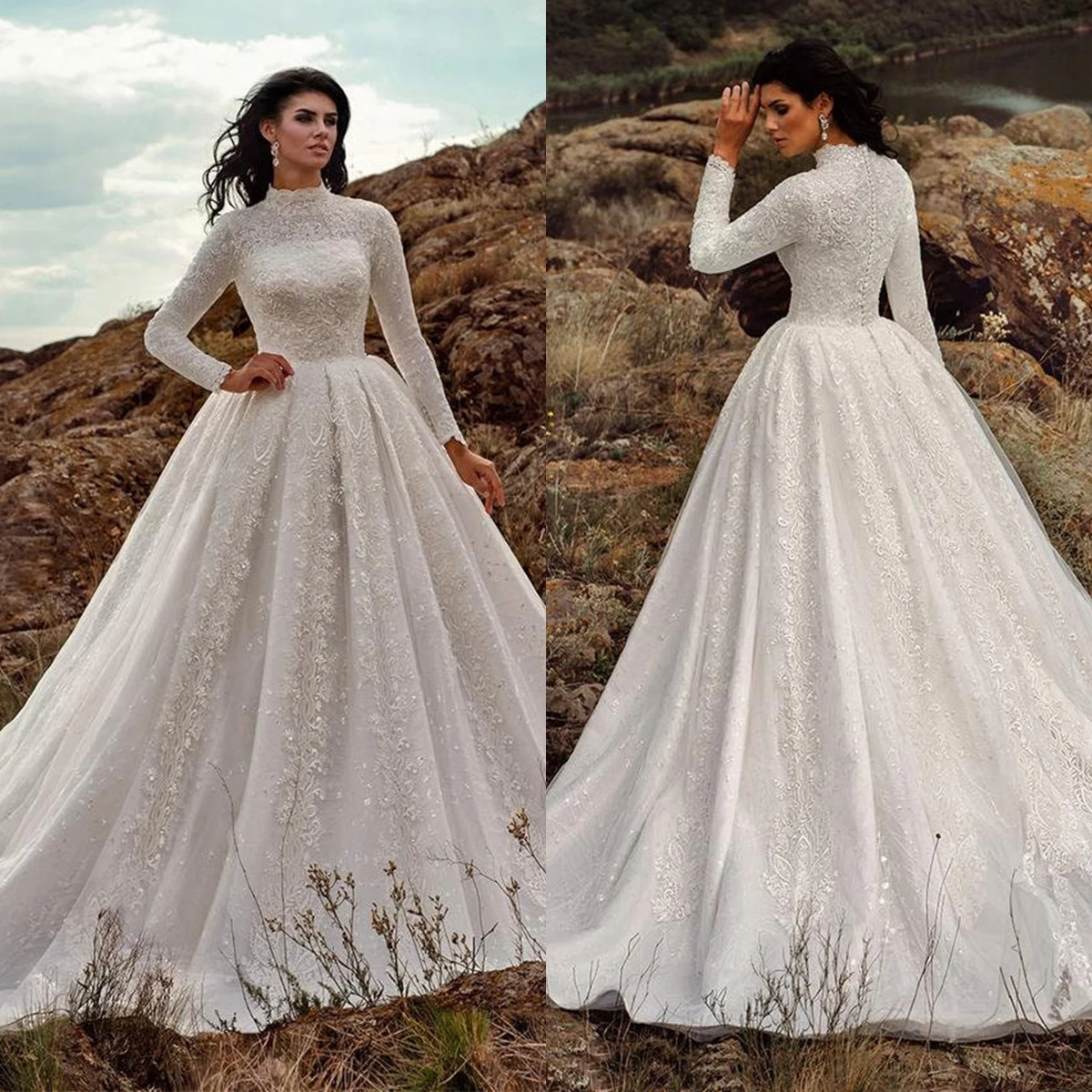 

Stylish Ball Gown Wedding Dresses Long Sleeves High Neck 3D Lace Appliques Ruffles Zipper Plus SizeBridal Gowns Vestina De Novia