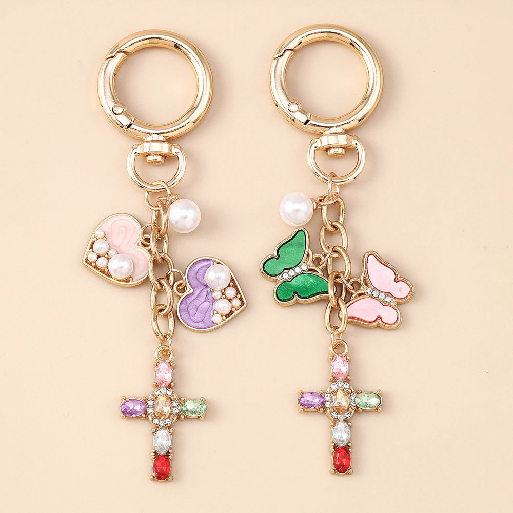 Modischer Herzförmiger Schlüsselanhänger Kristall-Kreuz-Anhänger Schlüsselringe für Frauen Männer Auto-Schlüssel Handtaschen-Anhänger Schlüsselketten DIY Schmuck Geschenke
