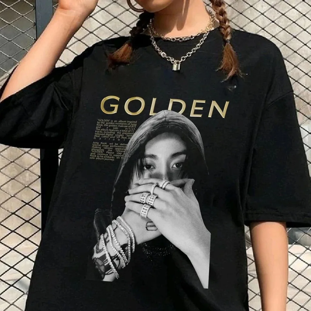 

Summer T-shirt Casual Vintage Women's Cotton Top Kpop Golden Graphic Tee Top Couple Fashion O-neck Short-sleeved Clothing