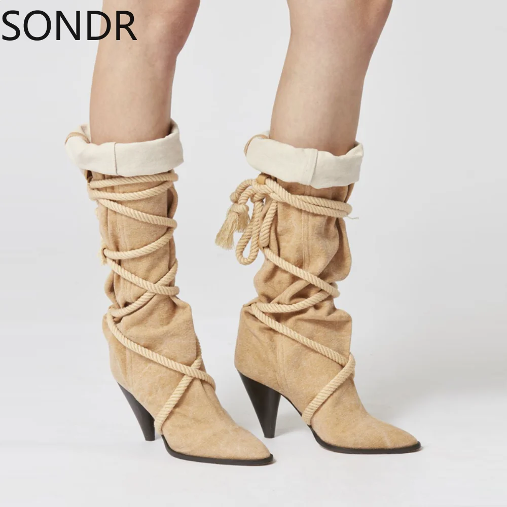 

Womens Pointed Toe Knee Thigh Boots Spike High Heel Straps Lace Up Western Shoes Tassels Genuine Leather Cowboy 4Colors