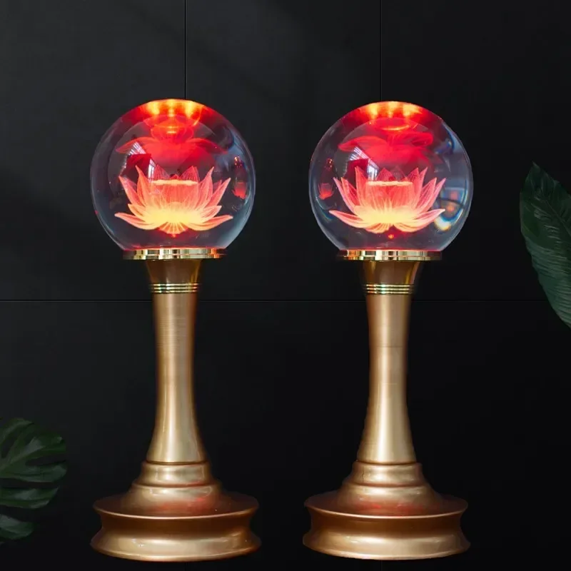 Buddha Offering Lamp Crystal Ball LED Lotus Lamp Seven Color Gradient Glass Prayer Buddhist Decoration Plug 1pcs