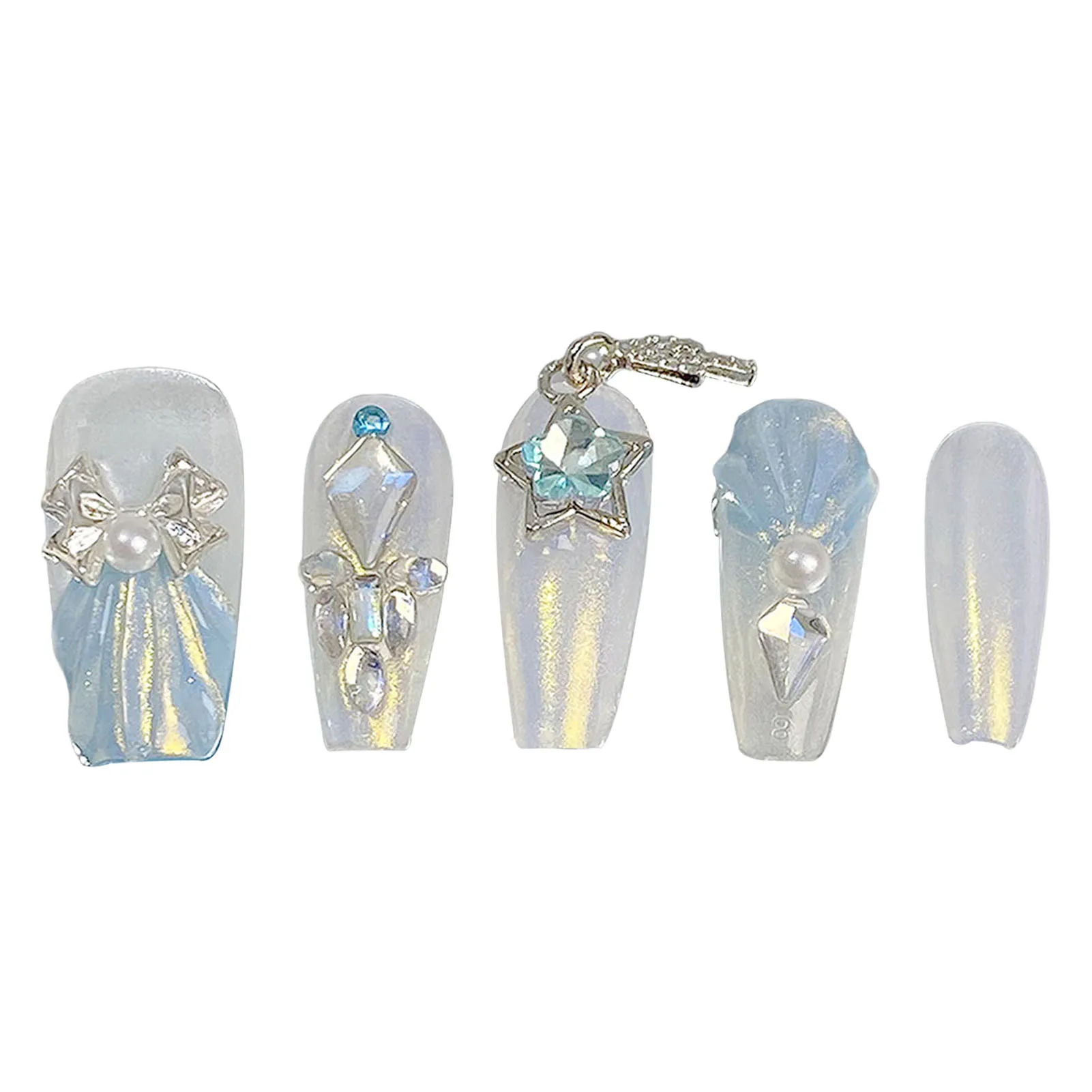 

Blue White Fake Nails with Rhinestone Easy to Apply Simple to Peel off Nails for Manicure Lovers and Beauty Bloggers