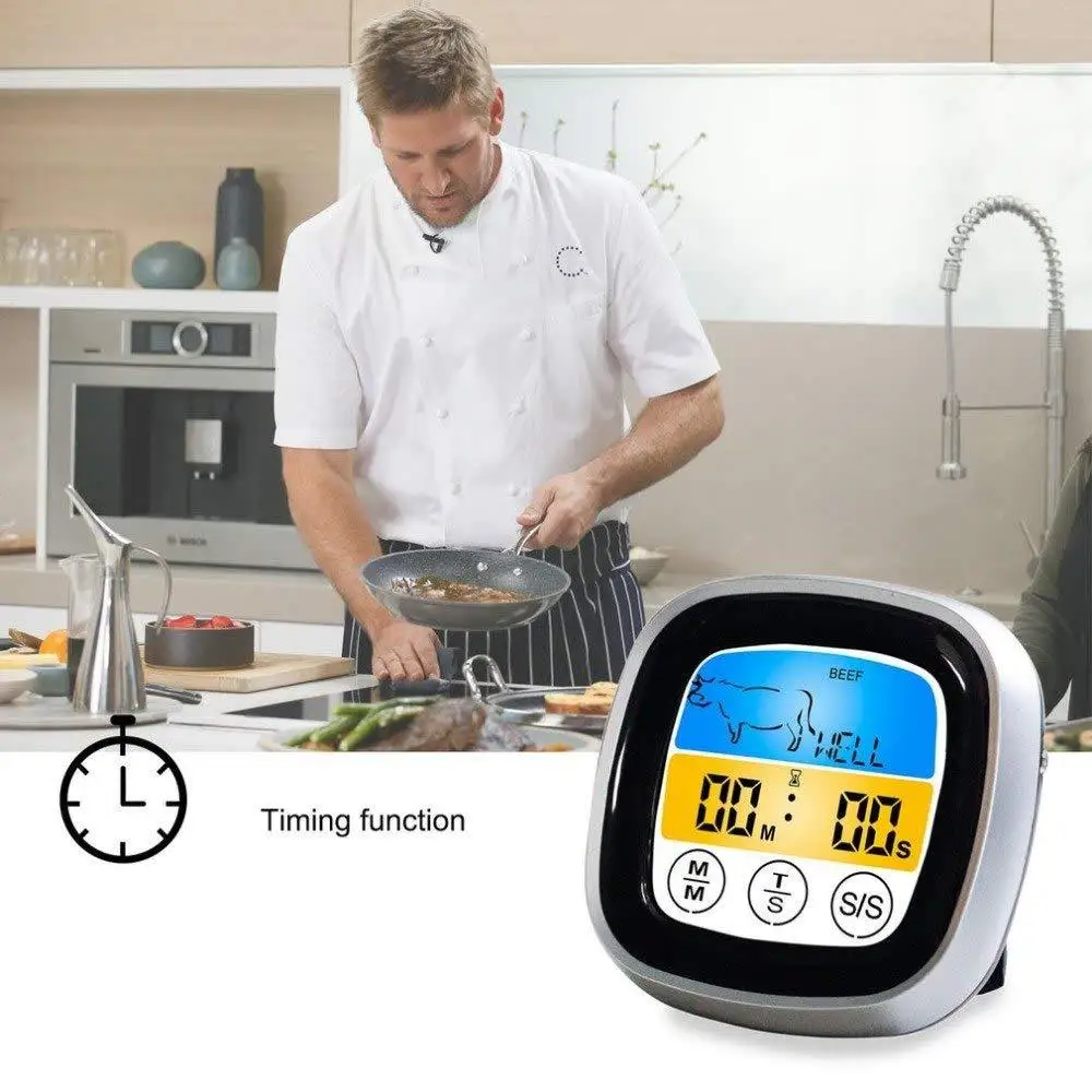 Digital Kitchen Food Thermometer Meat Temperature Probe with Touchscreen LCD Display Timer BBQ Grill Oven Cooking Heat Meter - 3