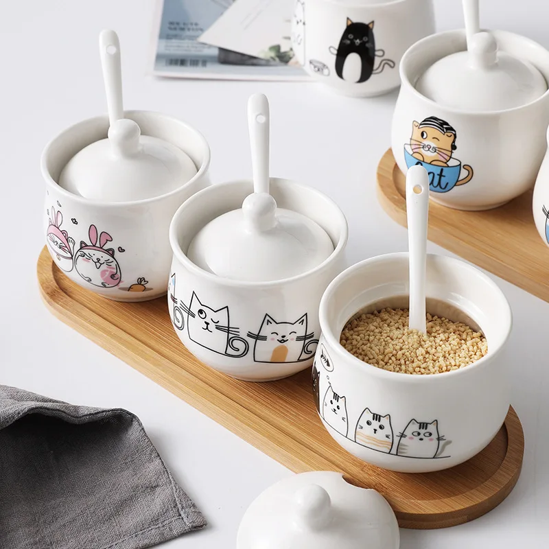 Cute Ceramic Spice Jar With Lid And Spoon Seasoning Jars - Temu