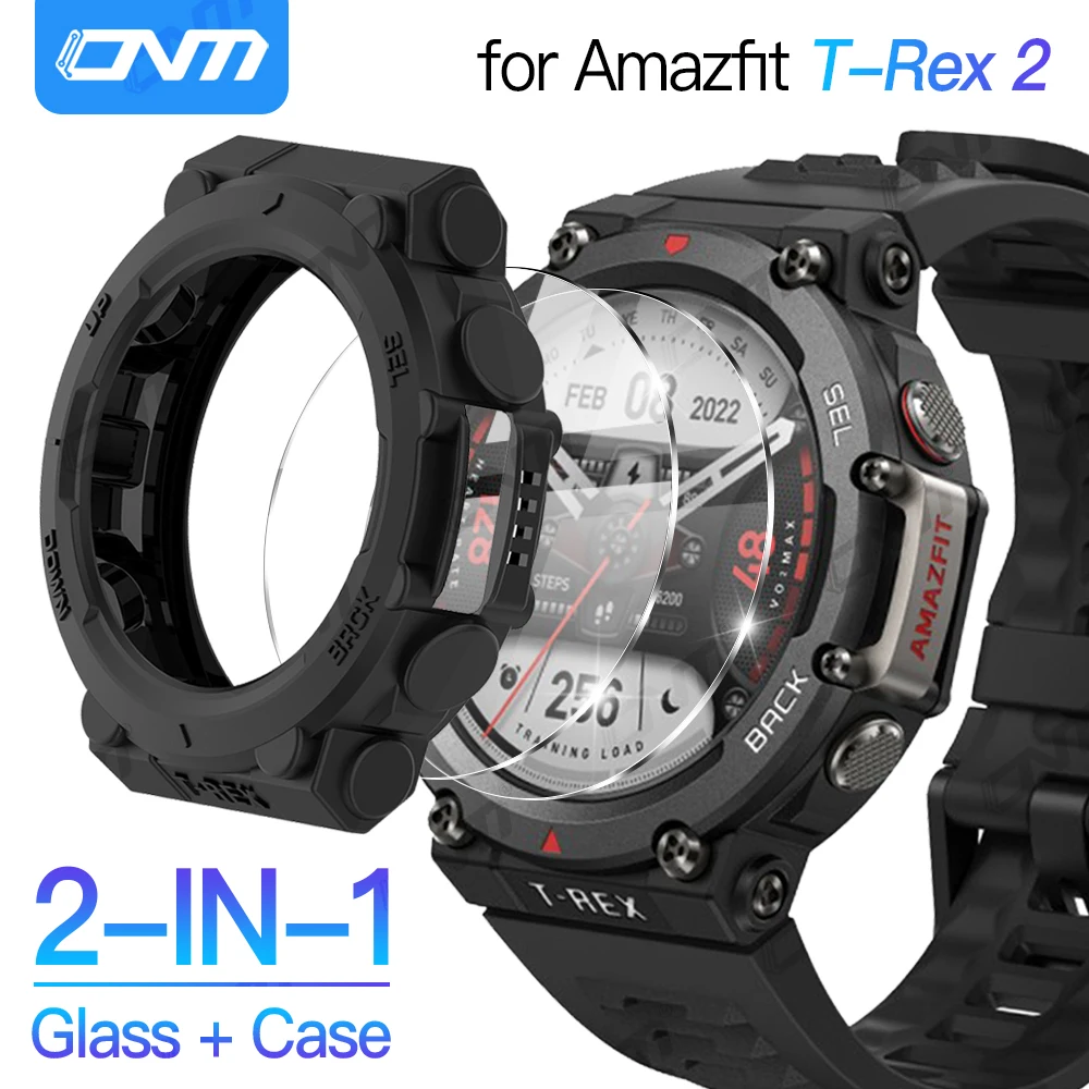 2-IN-1 Case + Tempered Glass for Huami Amazfit T Rex 2 Screen Protector & Bumper Protective Cover for Amazfit TRex 2 Accessories