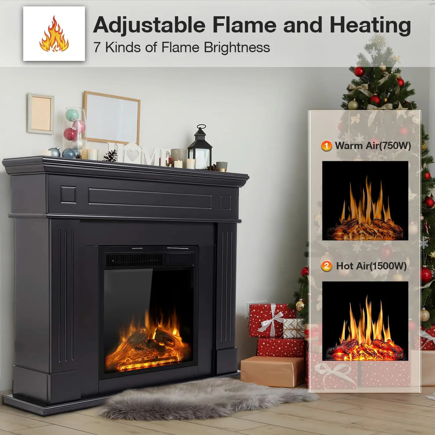 44" Electric Fireplace with Mantel Package Free-Standing Fireplace Heater, Wooden Surround Firebox with Log, Remote Control 2