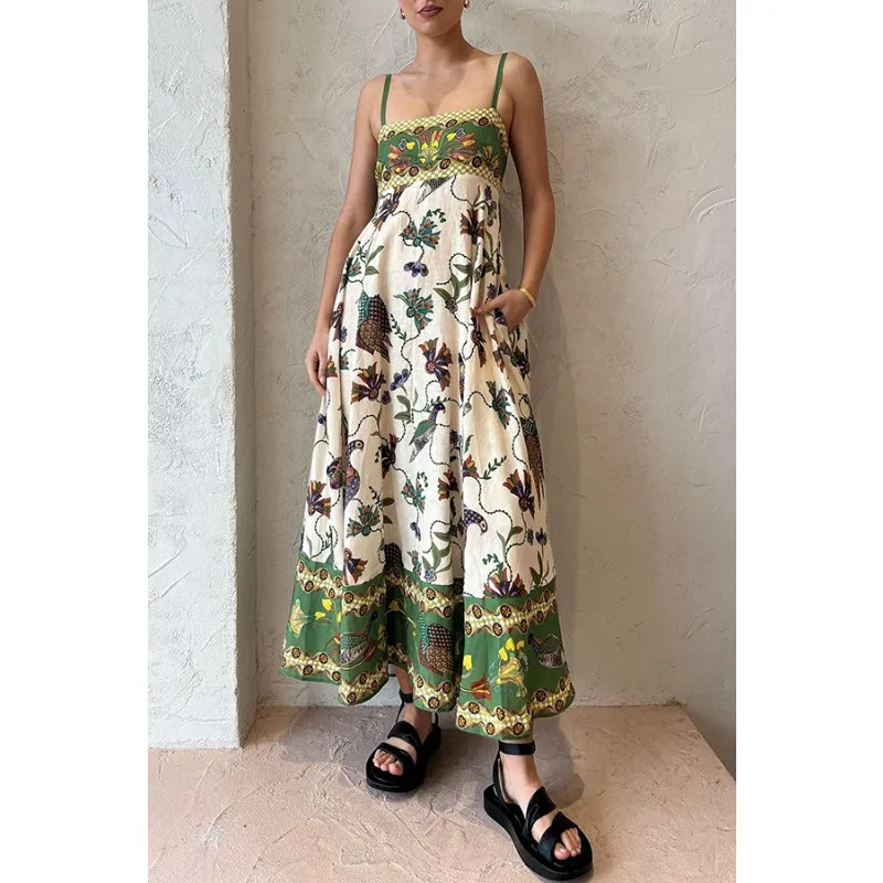 

2024 Summer New Women's Clothing Spaghetti-Strap Floral Print Sleeveless Swing Sexy Dress