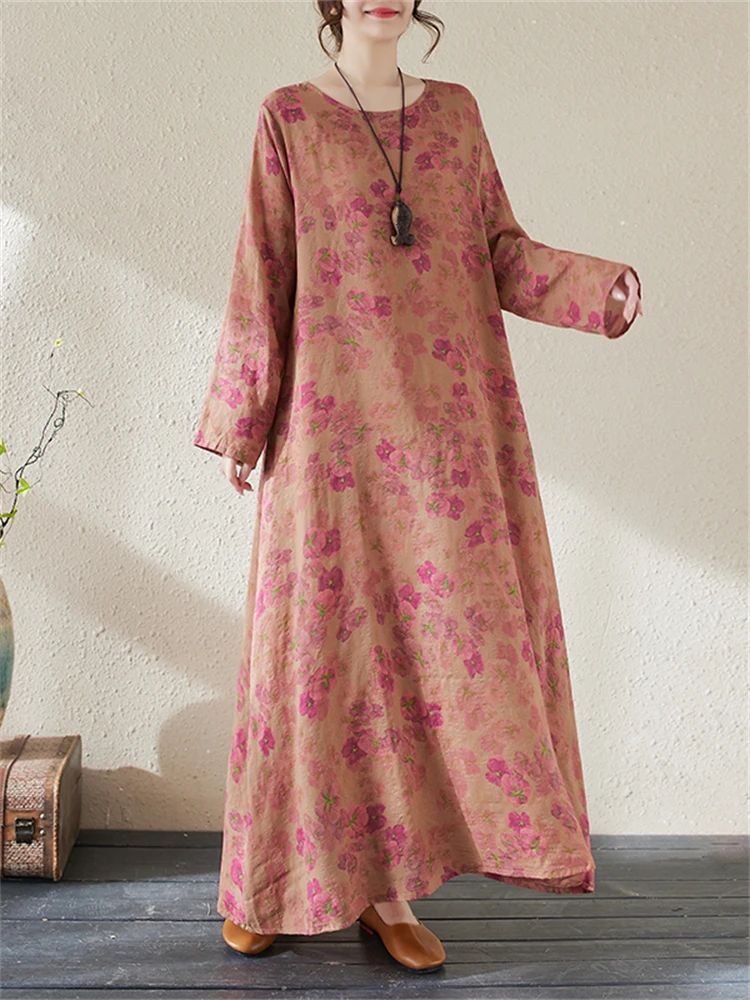 2025 Spring Autumn Cotton Vintage Long Sleeve Print Dresses For Women Casual Loose Dress Femme Robe Vestidos Elegant Clothing