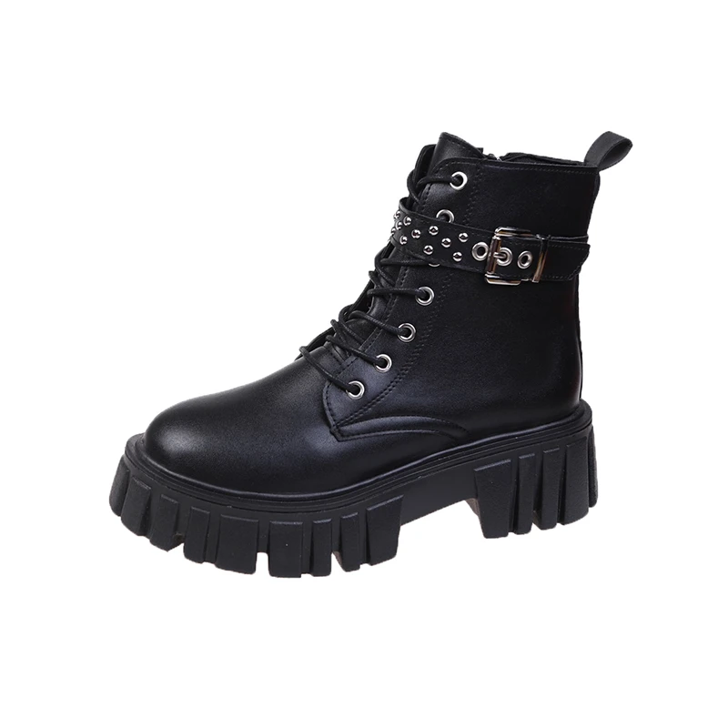 Ladies Shoes 2023 Fashion Ankle Women's Boots Platform Boots Women Rivet Belt Buckle Lace Up Side Zip Round Toe Ladies Shoes