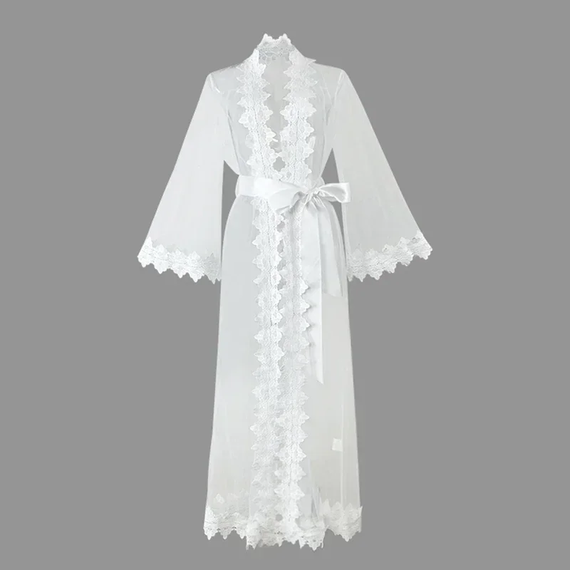 Summer Mesh Lace Night Dress Transparent Sunscreen Cover Up Sheer Sensual Cardigan Robes Nightwear Women Long Sleeve Pajamas