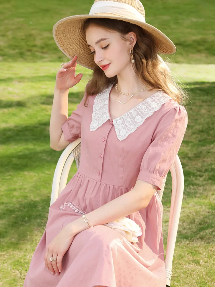 I BELIEVE YOU Pink Lace Dress 2023 Summer New French 100% Cotton Slim Fit  Peter Pan Collar A Line Puff Sleeve Vestido 2232095072 - AliExpress  200000345