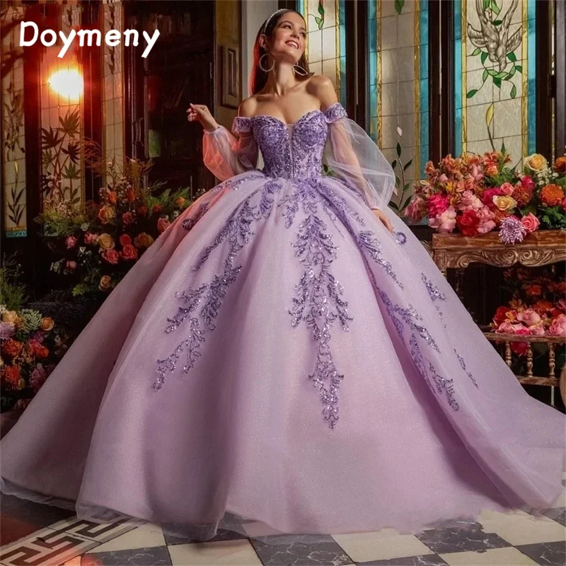 

Doymeny Off Shoulder Appliques Quinceanera Dress Puffy Long Sleeve Sweep Tulle Evening Dress Prom Gown vestidos de noche