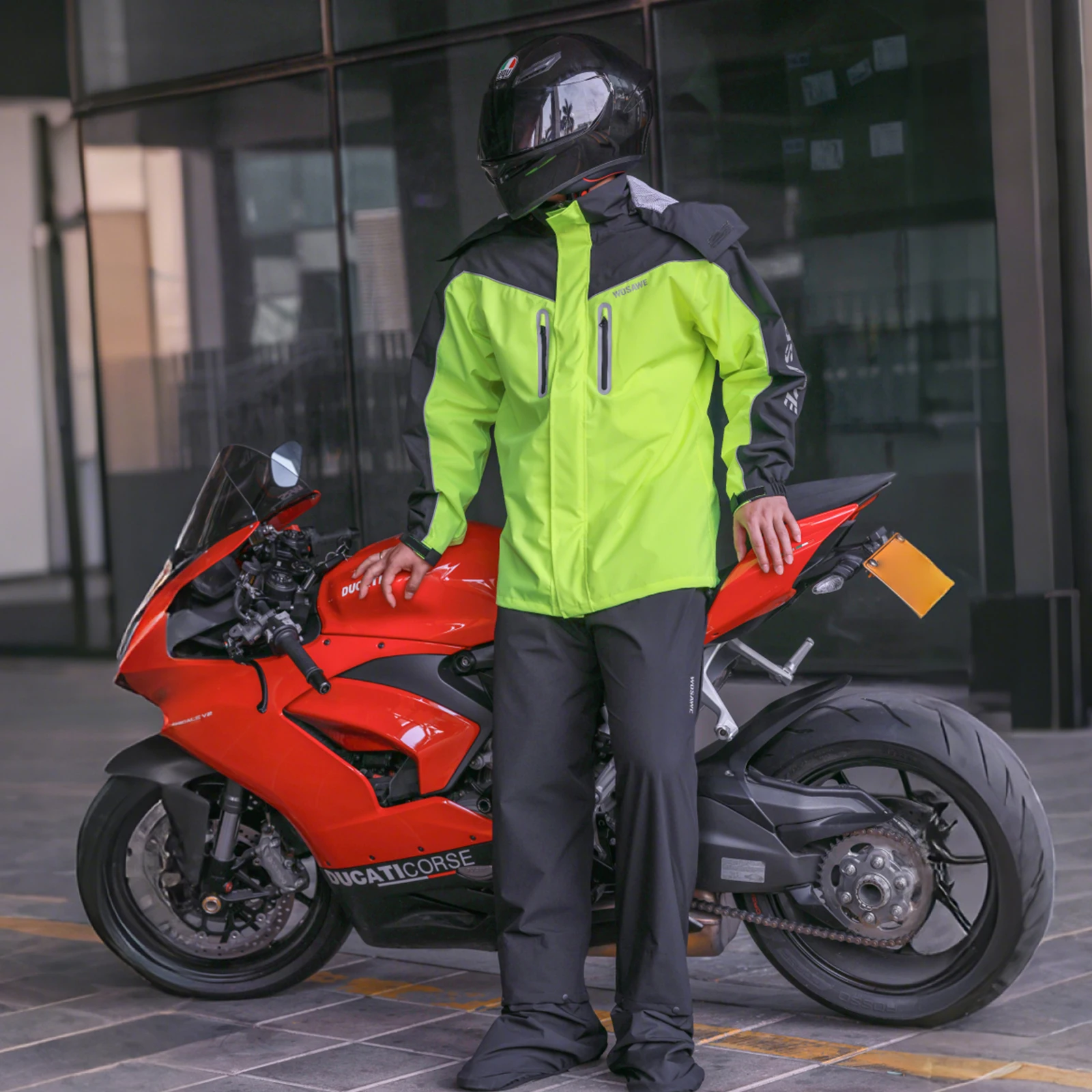 WOSAWE Rainsuit 오토바이 분할 방수 자켓 비 바지 모자 모자 신발 커버와 여러 가지 빛깔의 반사 휴대용 비옷