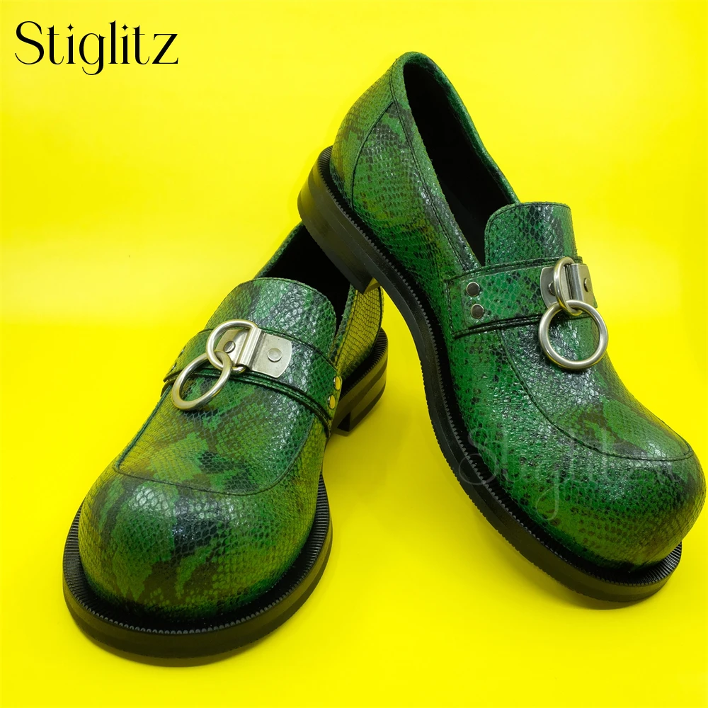 Metallic Ring Bulb-Toe Slip-On Leather Shoes for Men Casual Business Loafers