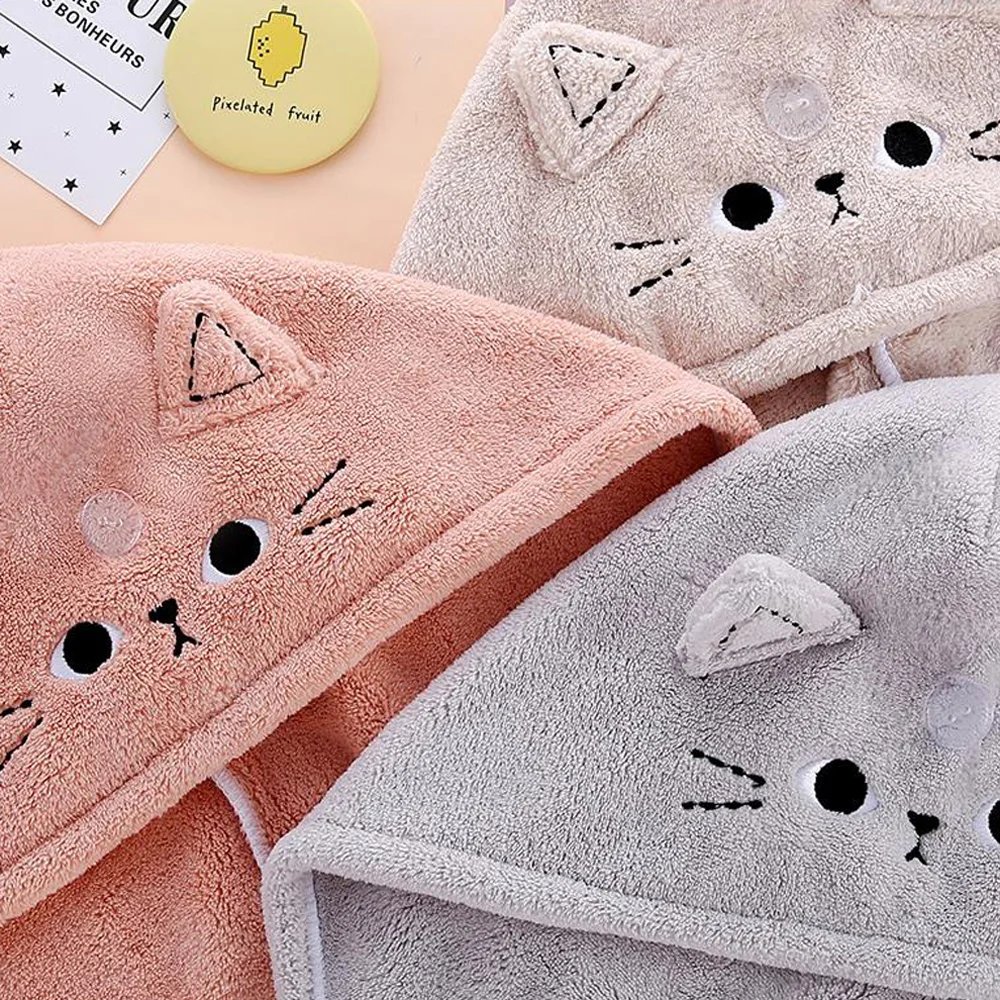 Microfiber Towel Sports Towel Shower Cap Hair Towel Cartoon Cat Hair Towel Cap Absorbent Quick-dry Wrapped Bath Cap Sweet Kitten Thickening Coral Velvet Headband Bathroom Supplies