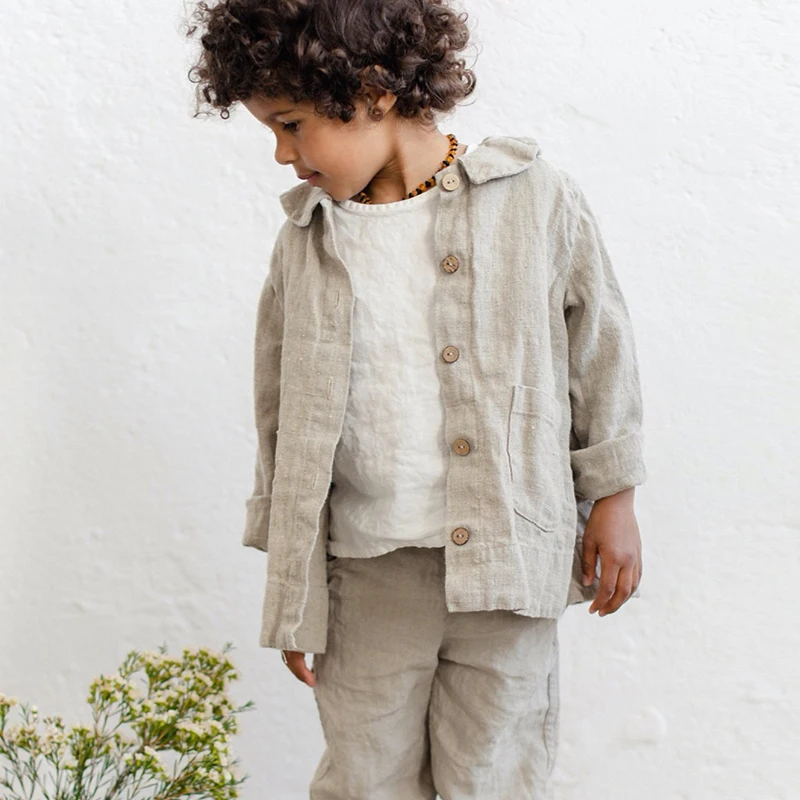 

Теплая Осенняя детская куртка из 100% льна в стиле ретро, новые детские повседневные свободные пальто с отложным воротником на пуговицах