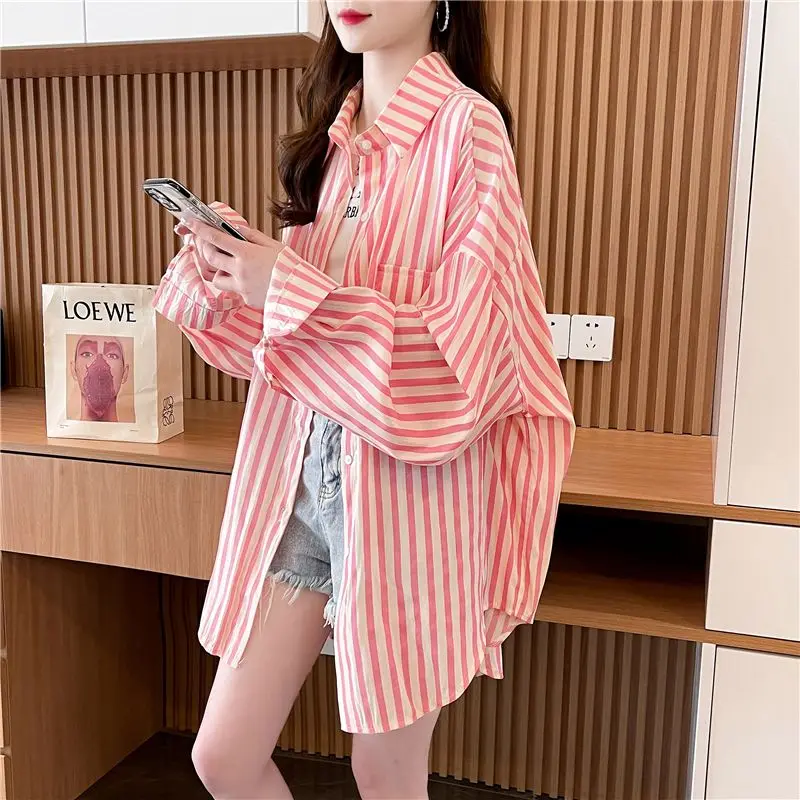 

Summer Office Lady Striped Chiffon Polo-neck Blouse Women Sweet Loose Long Sleeve Shirts Ladies All-match Lacing Top Blouse R52