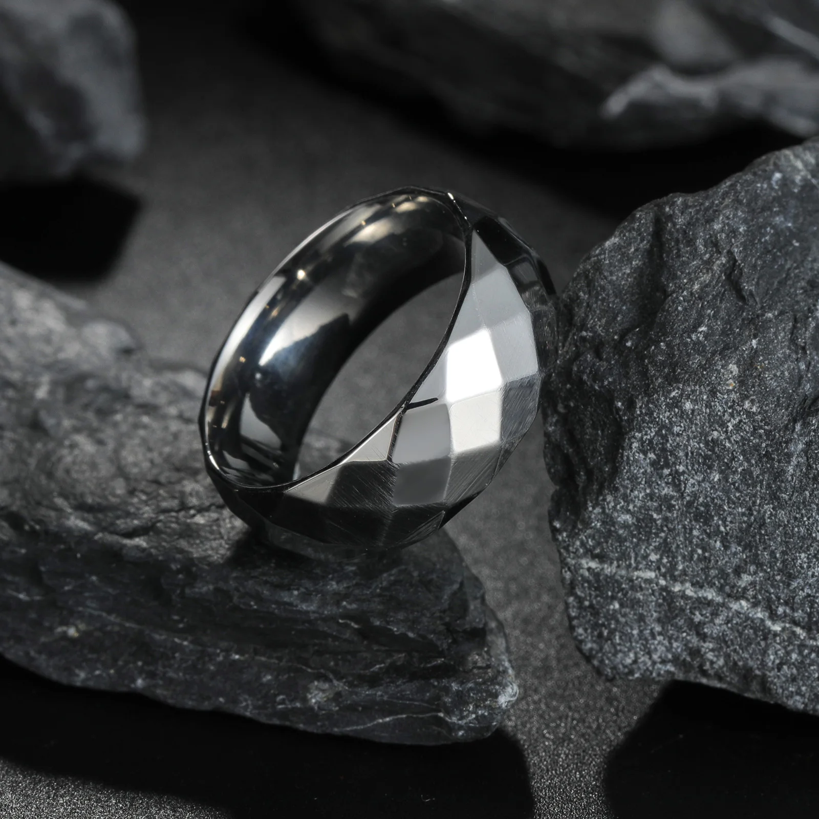 Polished Faceted Silvery Men's Stainless Steel Ring, 8mm Width, Size 6-13