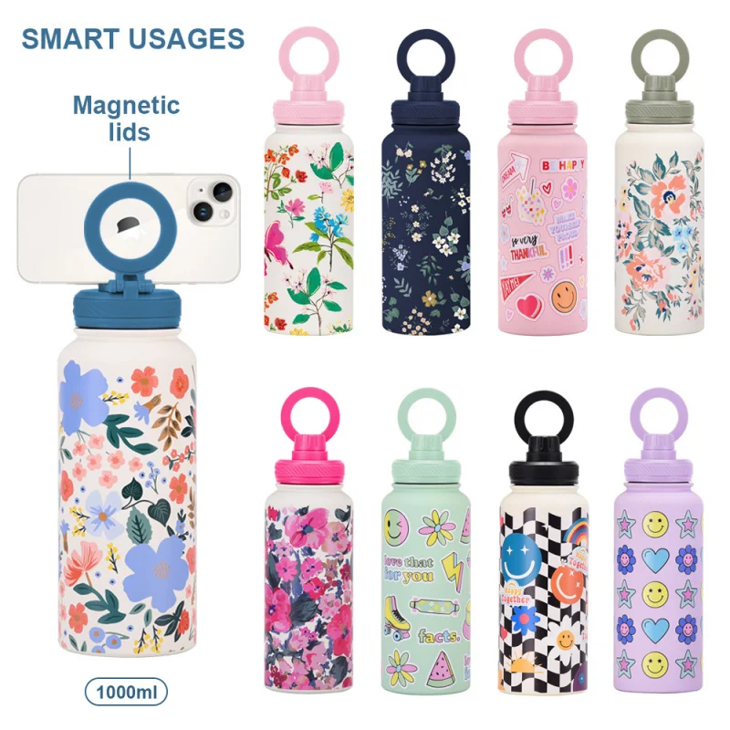 1000mL thermos water bottle with magnetic mobile phone holder Gym yoga print sports water bottle