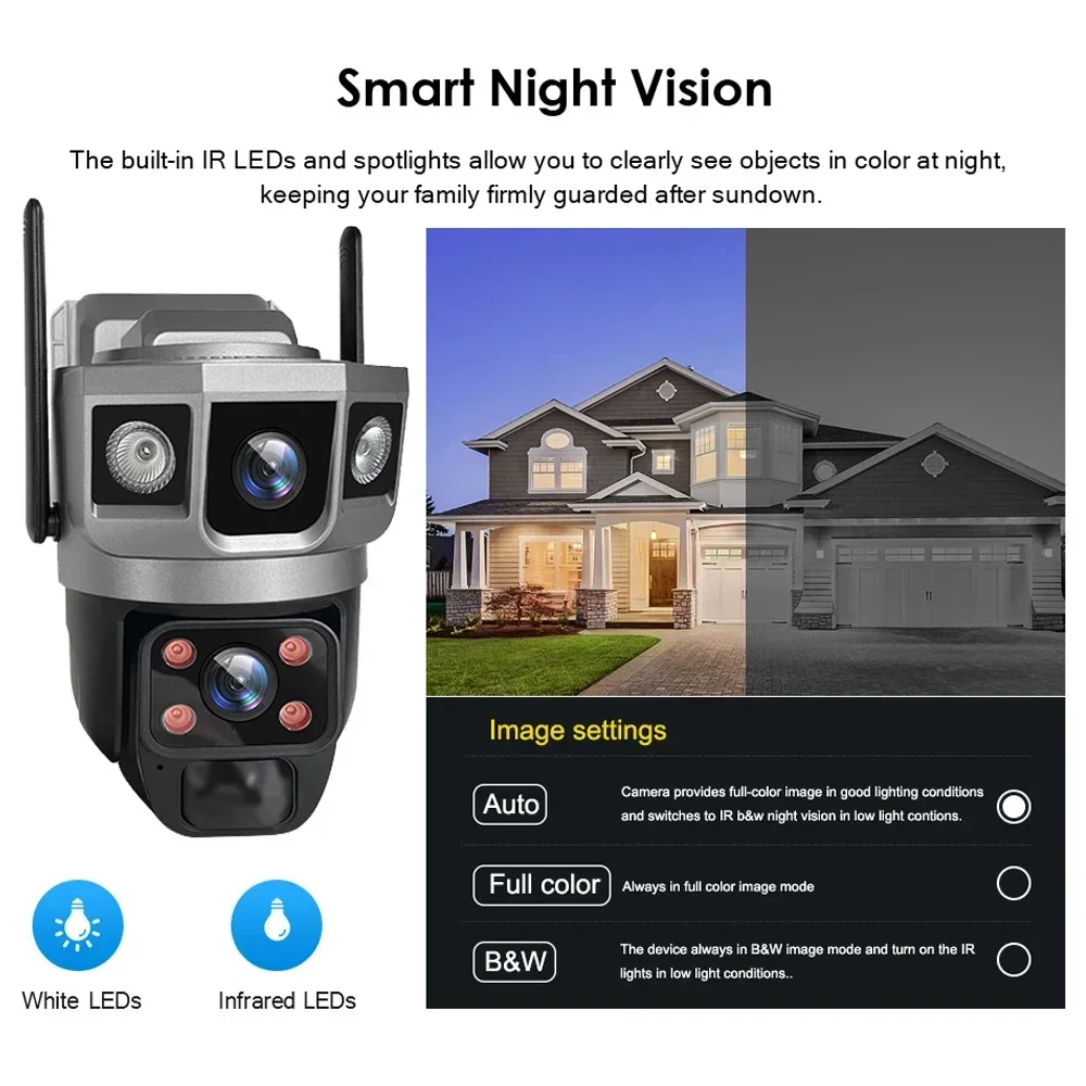 12MP Dual Lens Solar IP Camera Three Screen 4G 6K Security Outdoor WiFi Webcam PIR Night Vision Waterproof Home Surveillance Cam 4