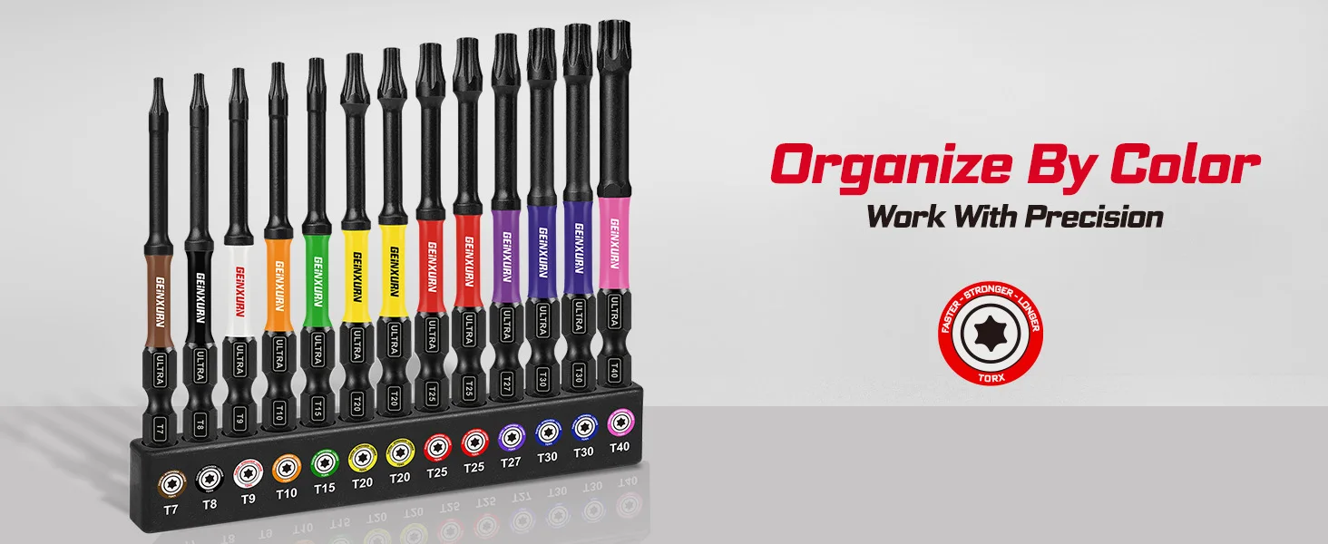 Geinxurn 13-teiliges 3-Zoll-Magnet-Torx-Schraubendreher-Bit-Set (T7-T40), D2-Stahl, langes Sternschraubendreher-Bit-Set mit farbcodierter Basis – Detail 7