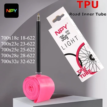 NPY Camera d'aria per bicicletta ultraleggera 36g 700C X18 25 28 32 Bici da strada Materiale TPU Lunghezza pneumatici Lunghezza valvola francese Tubo 45/65/85mm