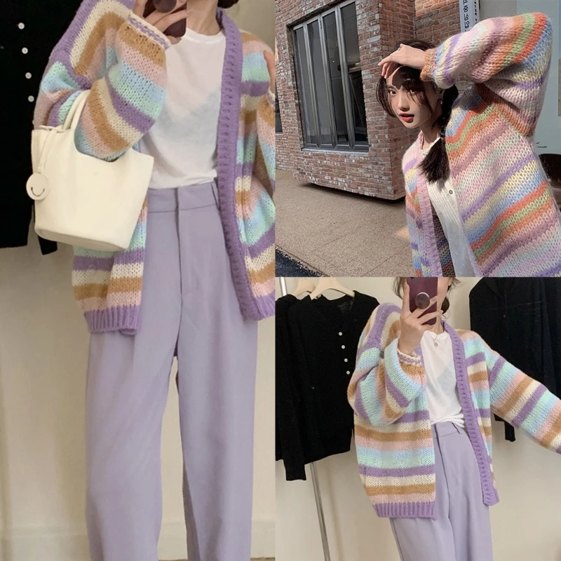 

Open Front Rainbow Stripe Knitwear Cardigan Japanese Women Long Sleeve V-Neck Oversized Loose Sweater Coat Outwear