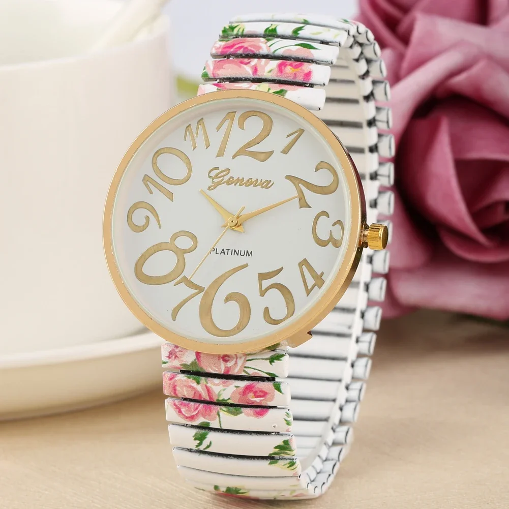 Fashion Women Quartz Watch Large Arabic Number Dial Ladies Wristwatch Unique Elastic Printing Strap Girls Watches Reloj Mujer