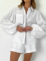 Women Outfit Cotton Linen Two-piece Set Summer Single Breasted Shirt Suits Black White Contrasting Color Shirt Shorts Set - Image 3