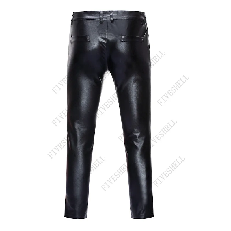 Motorcycle PU Leather Pants Men Brand Skinny Shiny Gold Coated Metallic Pants Trousers Nightclub Stage Perform Pants for Singers