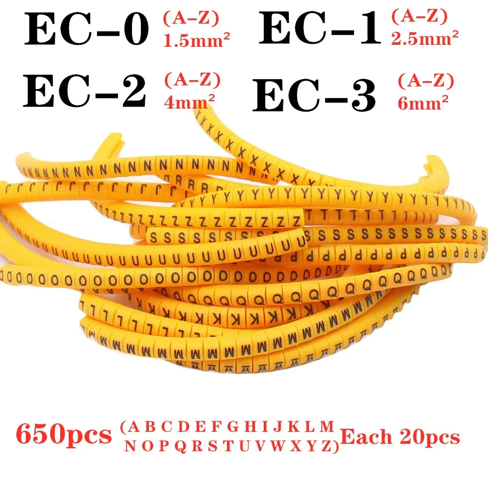 EC-0,EC-1,EC-2,EC-3 (A-Z) 260PCS (Each10pcs) yellow Cable Markers Letter 6sq.mm A to Z X For wire diameter Cable Markers cable marker cable marking label