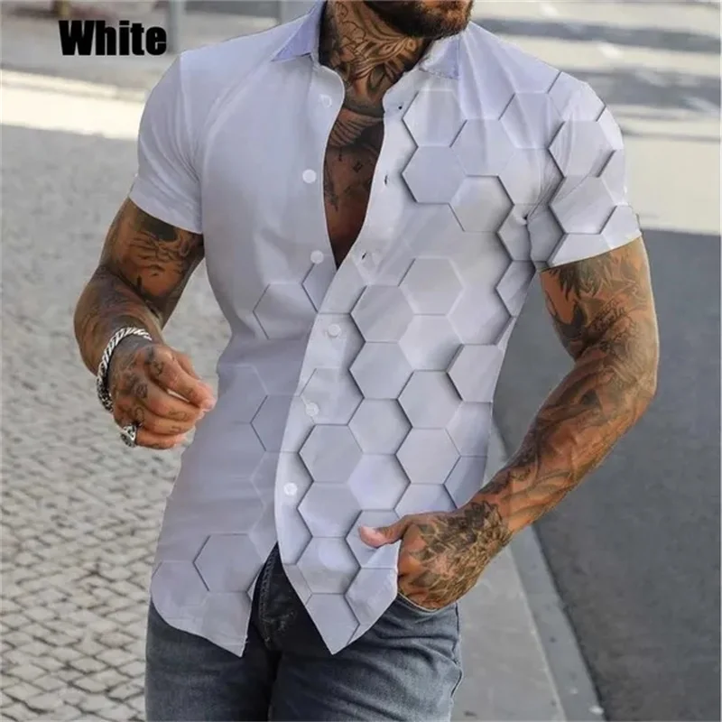 thumbnail image 1 of Camisa con estampado geométrico y personalidad en 3D para hombre, camisas casuales de manga corta con botones, camisas de playa de gran tamaño para hombre, 1 of 5