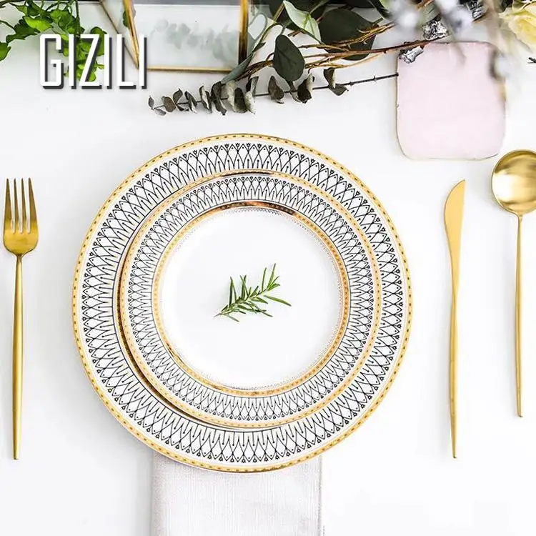 European Ceramic Plate Set Restaurant Light Luxury Dish Dessert Plate Serving Dinner Plates Salad Kitchen Dinnerware