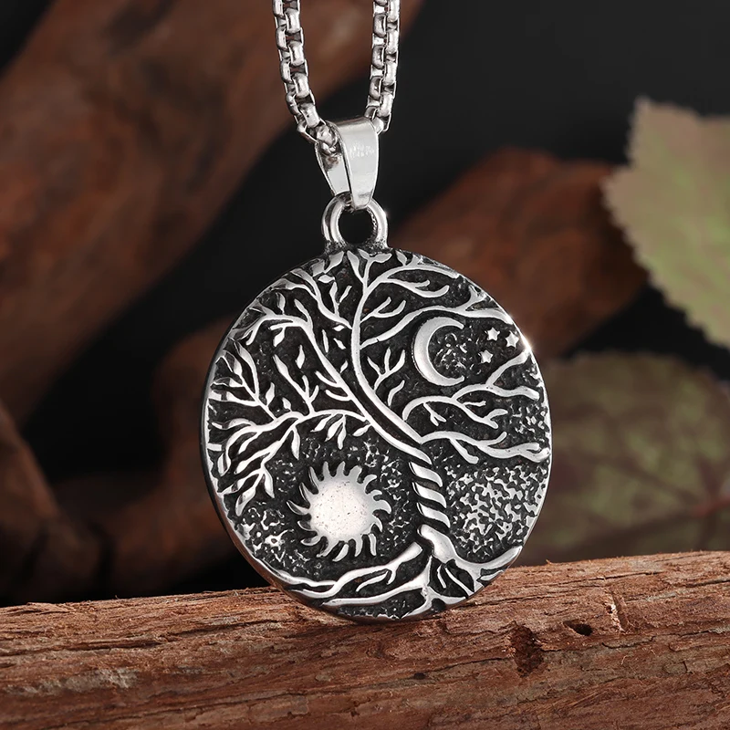 

Винтажное ожерелье с подвеской в виде солнца, Луны, дерева жизни для мужчин и женщин, серия викингов, амулет в стиле панк, рок, искусственное дерево, ювелирное изделие, подарок