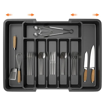 Organizzatore per cassetti per posate, vassoio per utensili espandibile per cucina, vassoio per posate a 8 scomparti, contenitore in plastica per cucchiai, forchette, coltelli 1
