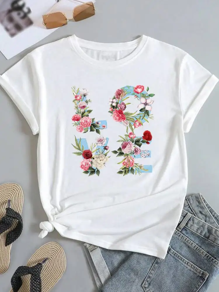 

Graphic Top Flower Floral Sweet T Shirt Fashion Summer Print Short Sleeve Clothing Women Clothes T-shirt Tee