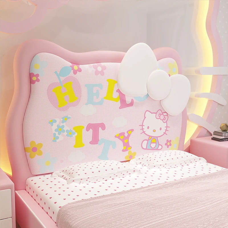Children's bed girl 1.5 meters luxury cartoon Kitty cat single bed Princess bedroom solid wood leather pink