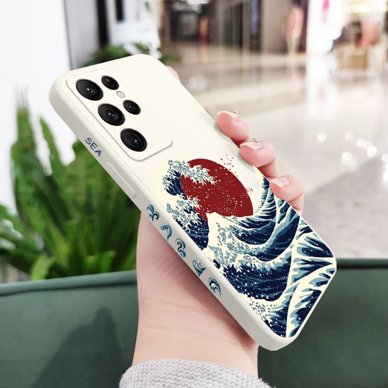 Red Sun Sea Waves Phone Case - Artistic Design Cover