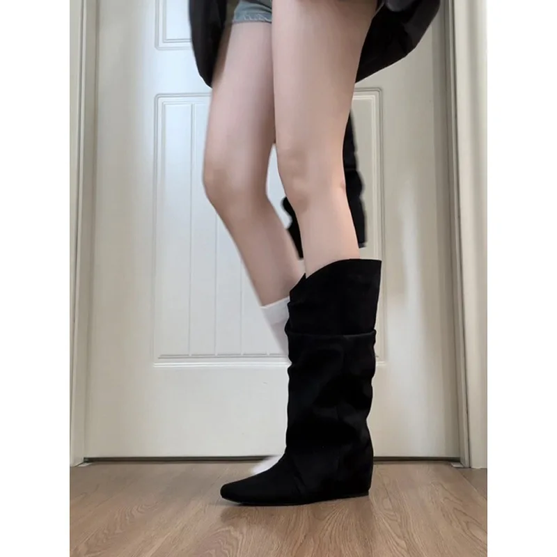 Fashion Pleated Woman Knee-High Boots Pointed Toe Internal Elevation Shoes Street Style Mordern Long Botas Mujer 2025 New
